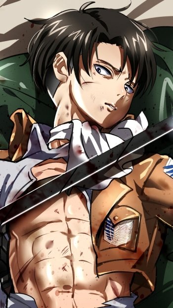 Levi Ackerman (Attack on Titan) phone wallpaper — blood-specked, jacket open to reveal his chest, sword across his torso, intense upward glare.