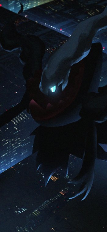 Anime-style phone wallpaper of Darkrai (Pokémon): a shadowy, clawed figure with glowing blue eyes looming over a neon-lit city at night.