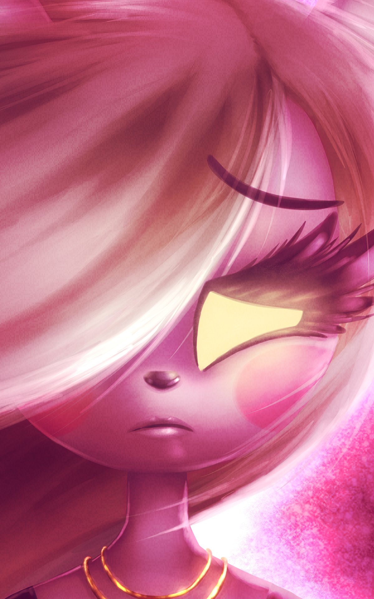 Hazbin Hotel phone wallpaper: close-up pink-toned portrait of a character with flowing hair, long lashes and a golden eye-shaped accessory against a glowing magenta background.