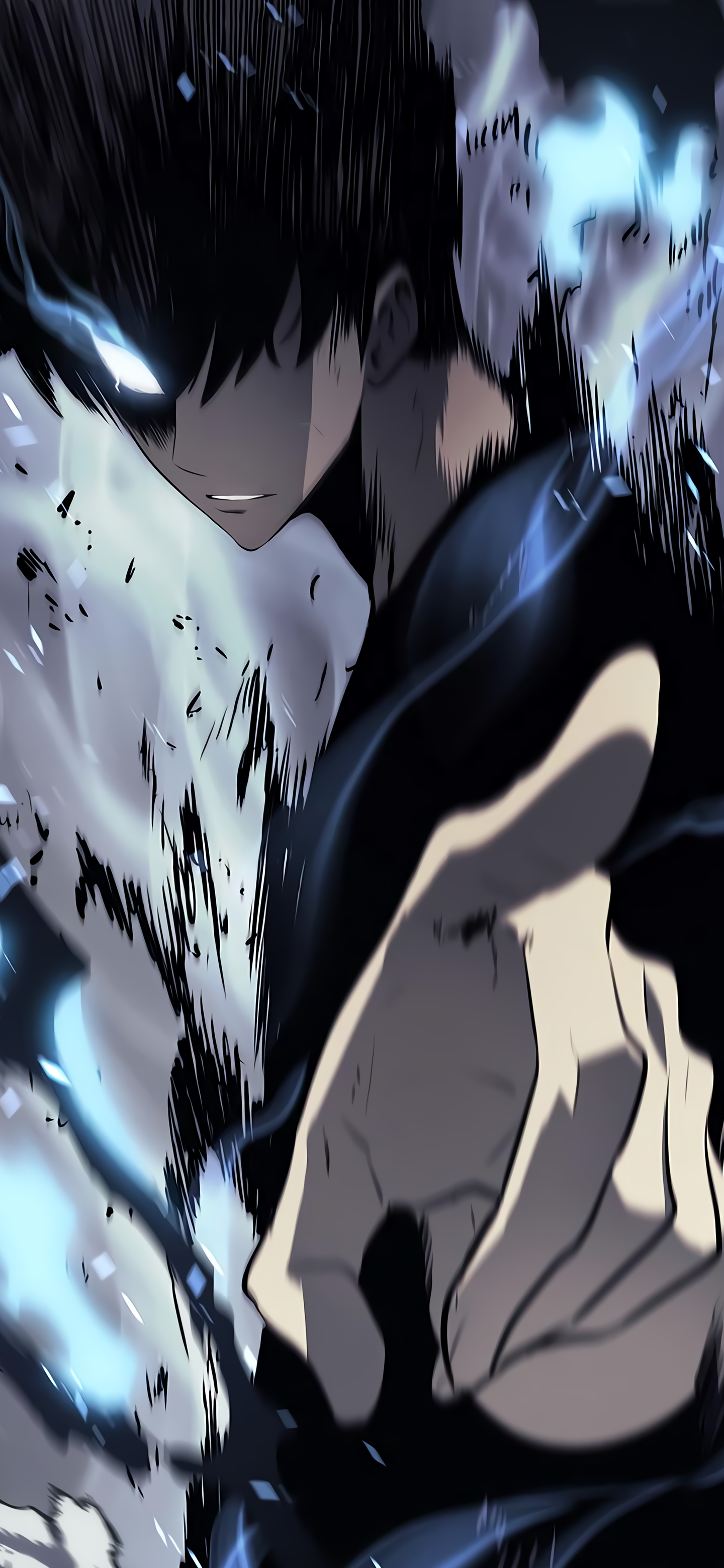 Phone wallpaper featuring Sung Jin-Woo from Solo Leveling with dynamic blue flames and intense dark tones, designed for both iPhone and Android displays.