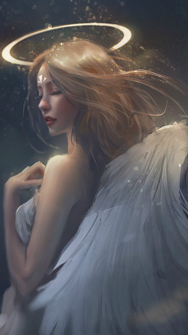 Phone wallpaper: a serene fantasy angel with glowing halo, flowing hair and graceful white wings against a soft, starry, ethereal backdrop.