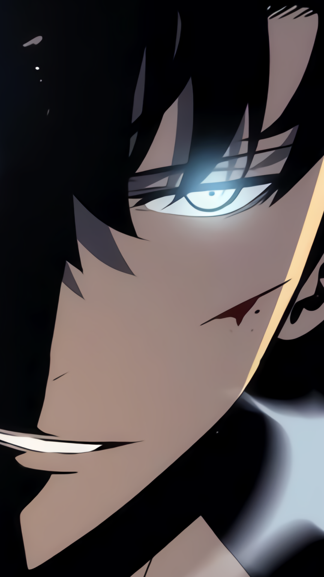 Close-up of Sung Jin-Woo from Solo Leveling with glowing blue eye and dark hair, designed as a dynamic phone wallpaper for iPhones and Android devices.