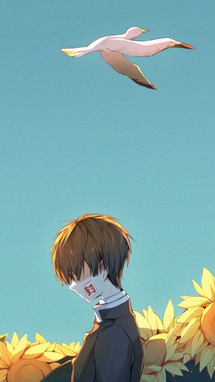 Phone wallpaper of Hanako-kun (Toilet-bound Hanako-kun): masked anime boy in a school uniform standing among sunflowers beneath a clear blue sky, a seagull gliding overhead.