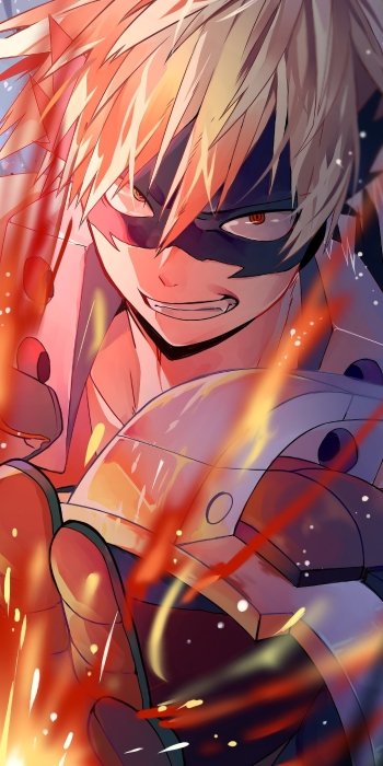 Phone wallpaper of blonde Katsuki Bakugou from My Hero Academia — fierce anime portrait with mask and roaring flames.
