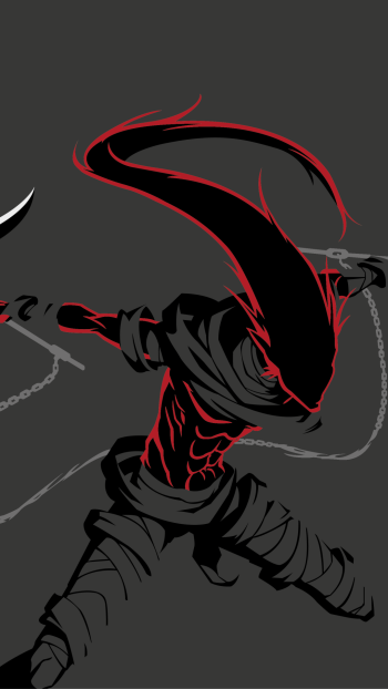 Phone wallpaper of Kazeshini (Bleach): stylized anime silhouette in red and black, flowing scarf-like head, exposed red-striped torso and chained blades on a dark gray background.