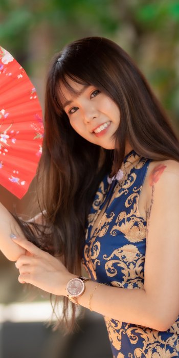 brunette long hair tattoo smile model woman asian Phone Wallpaper