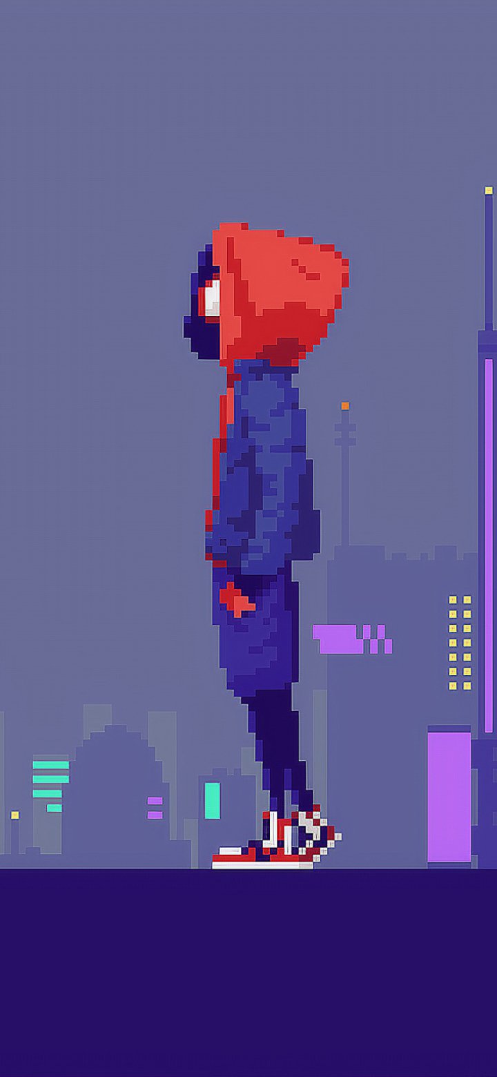 Pixel art phone wallpaper of Miles Morales as Spider-Man from Spider-Man: Into the Spider-Verse — hoodie-clad profile standing on a rooftop with a neon city skyline.