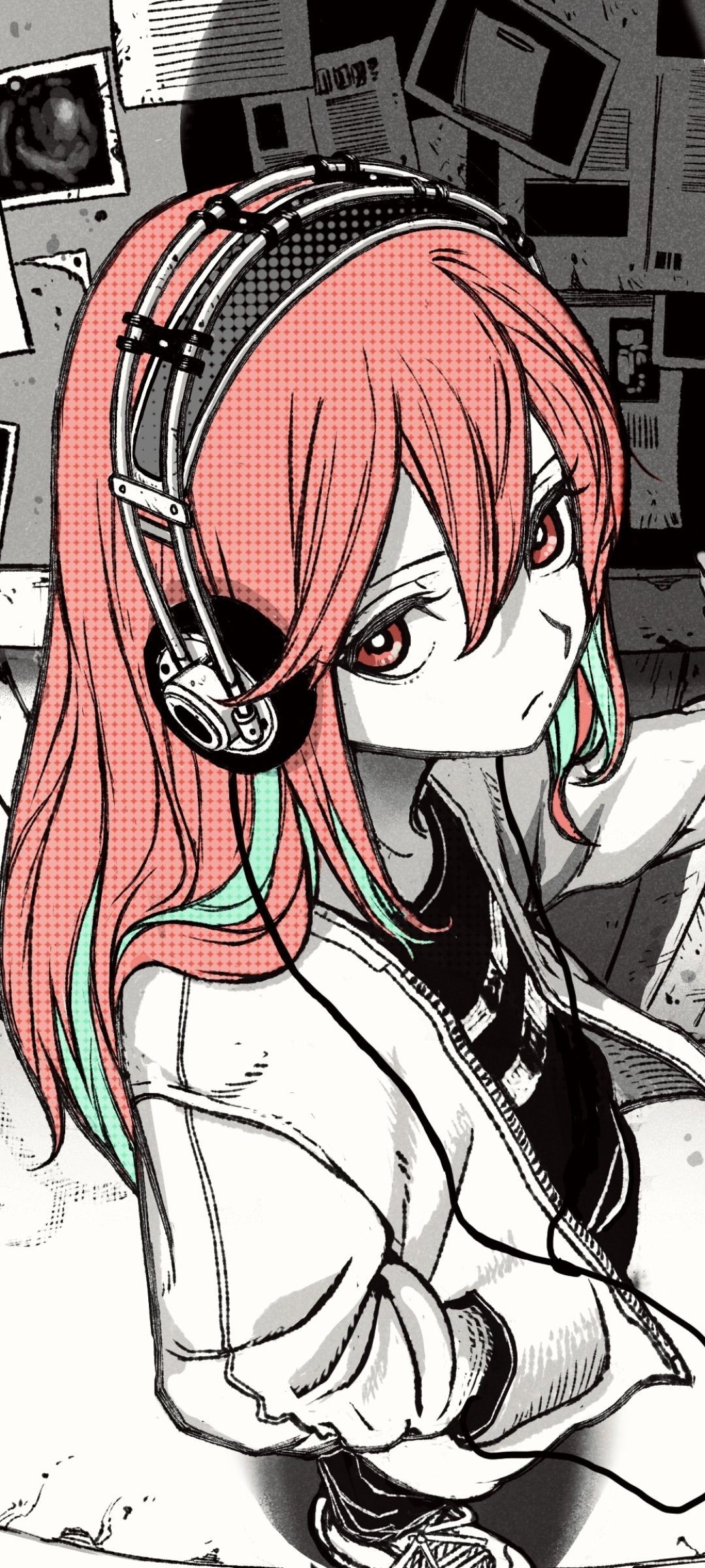 Anime-style phone wallpaper featuring a character with long pink hair wearing large headphones, set against a detailed, monochrome background. Compatible with iPhones and Android.