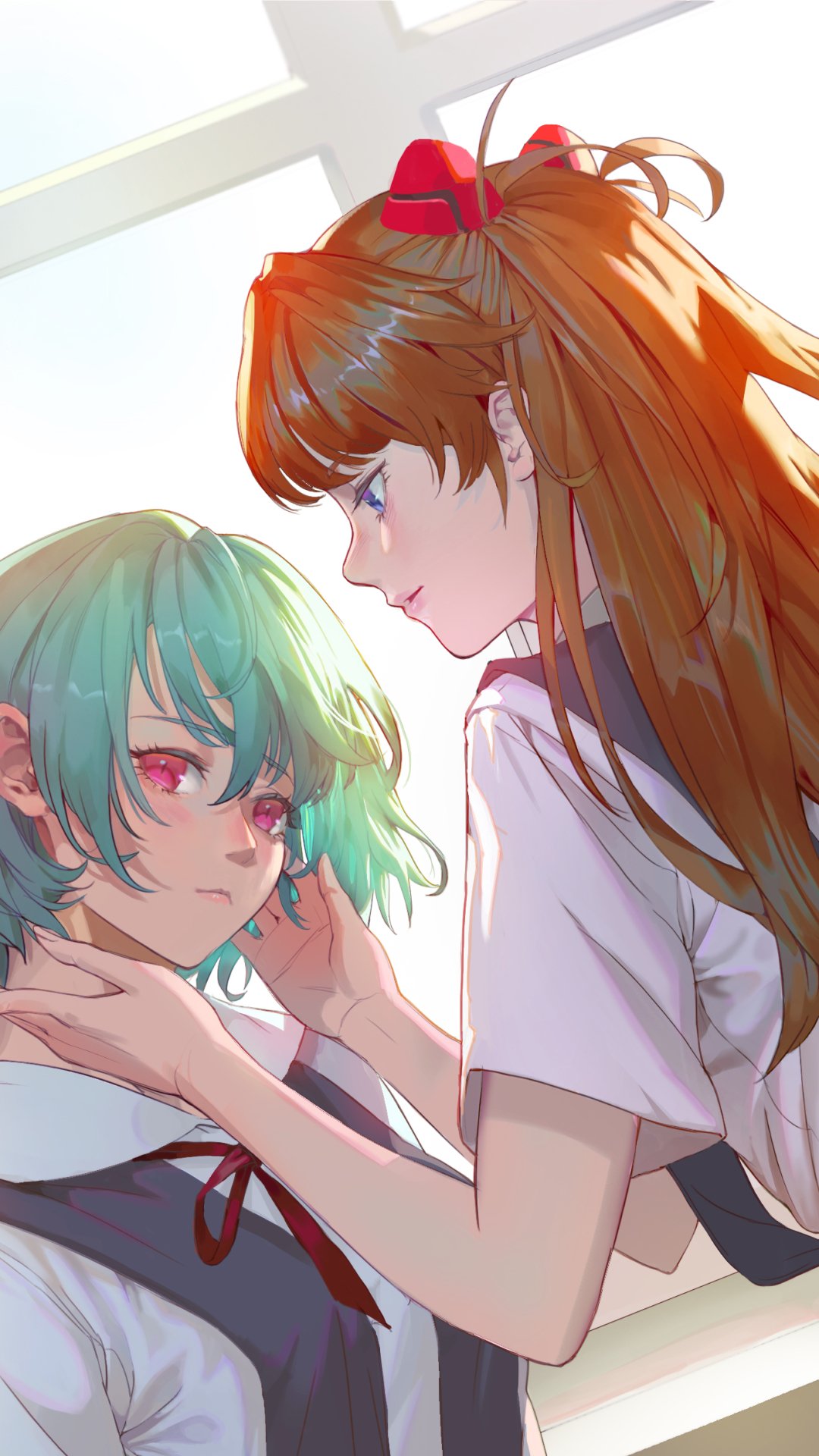 Phone wallpaper showing Asuka Langley Sohryu gently holding Rei Ayanami’s face in warm sunlight — anime fan art from Neon Genesis Evangelion.