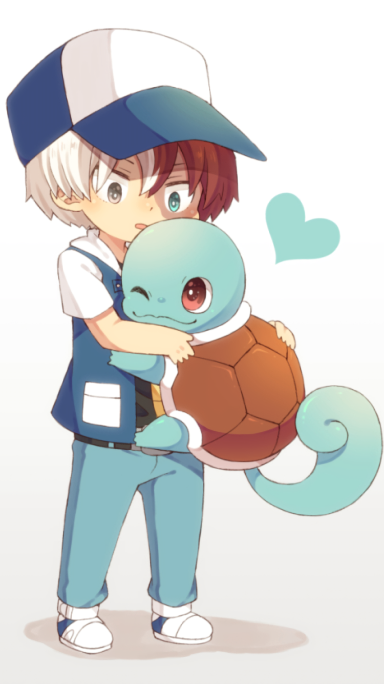 Phone wallpaper anime crossover: My Hero Academia's Shoto Todoroki with two-toned hair as a Pokémon trainer, chibi-style, hugging Squirtle with a small heart.