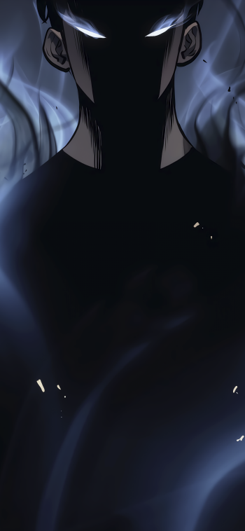 Dark, shadowy image of Sung Jin-Woo from Solo Leveling with glowing white eyes, designed as a phone wallpaper for iPhone and Android devices.