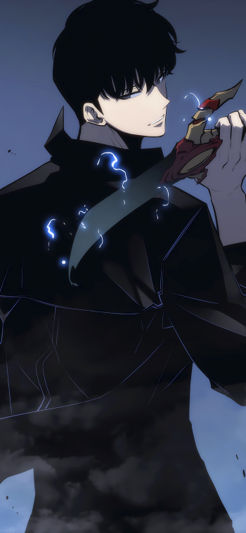 Phone wallpaper featuring Sung Jin-Woo from the anime Solo Leveling, with dark tones and electric blue highlights, designed for iPhone and Android screens.