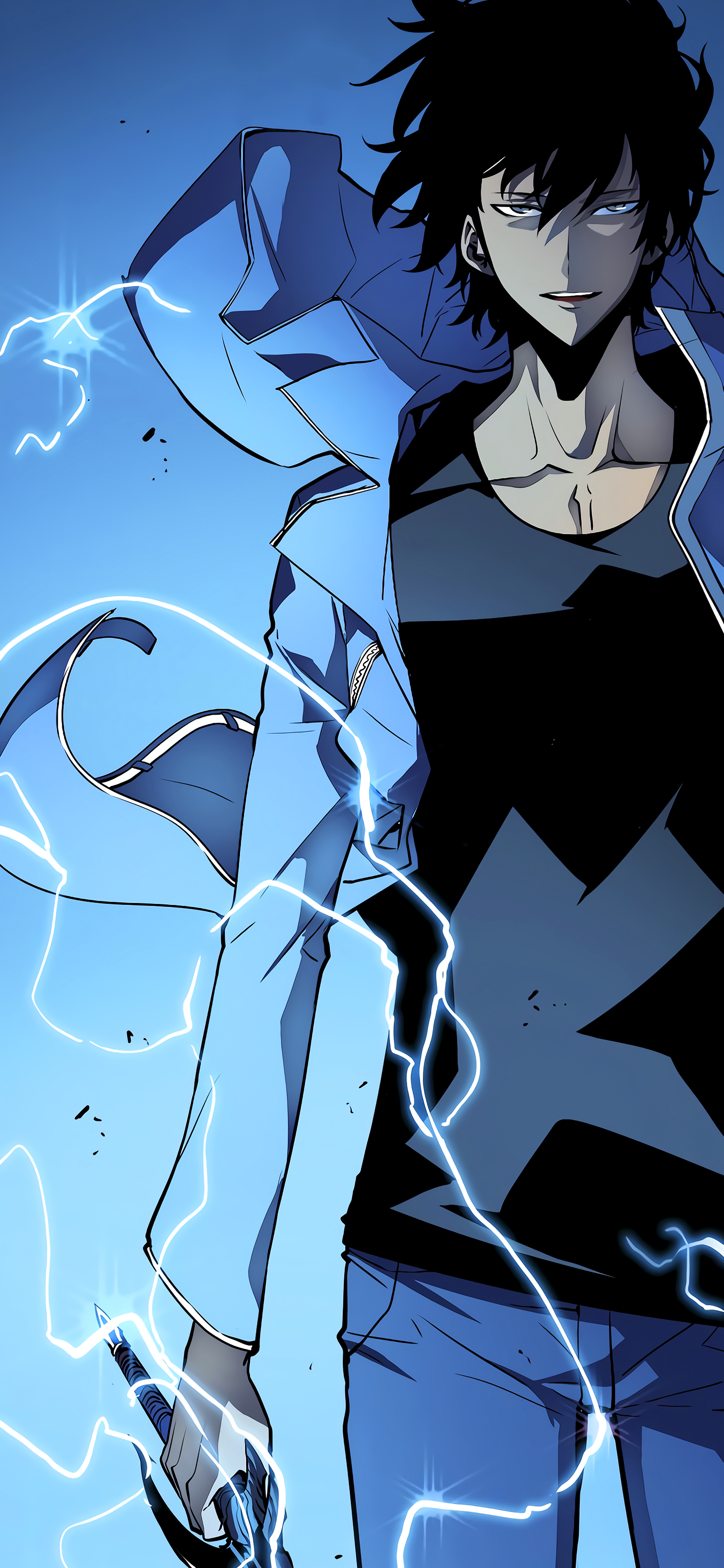 Sung Jin-Woo from Solo Leveling phone wallpaper (iPhone & Android): dark-haired anime hero wrapped in blue lightning, coat billowing and intense stare in a vertical composition.