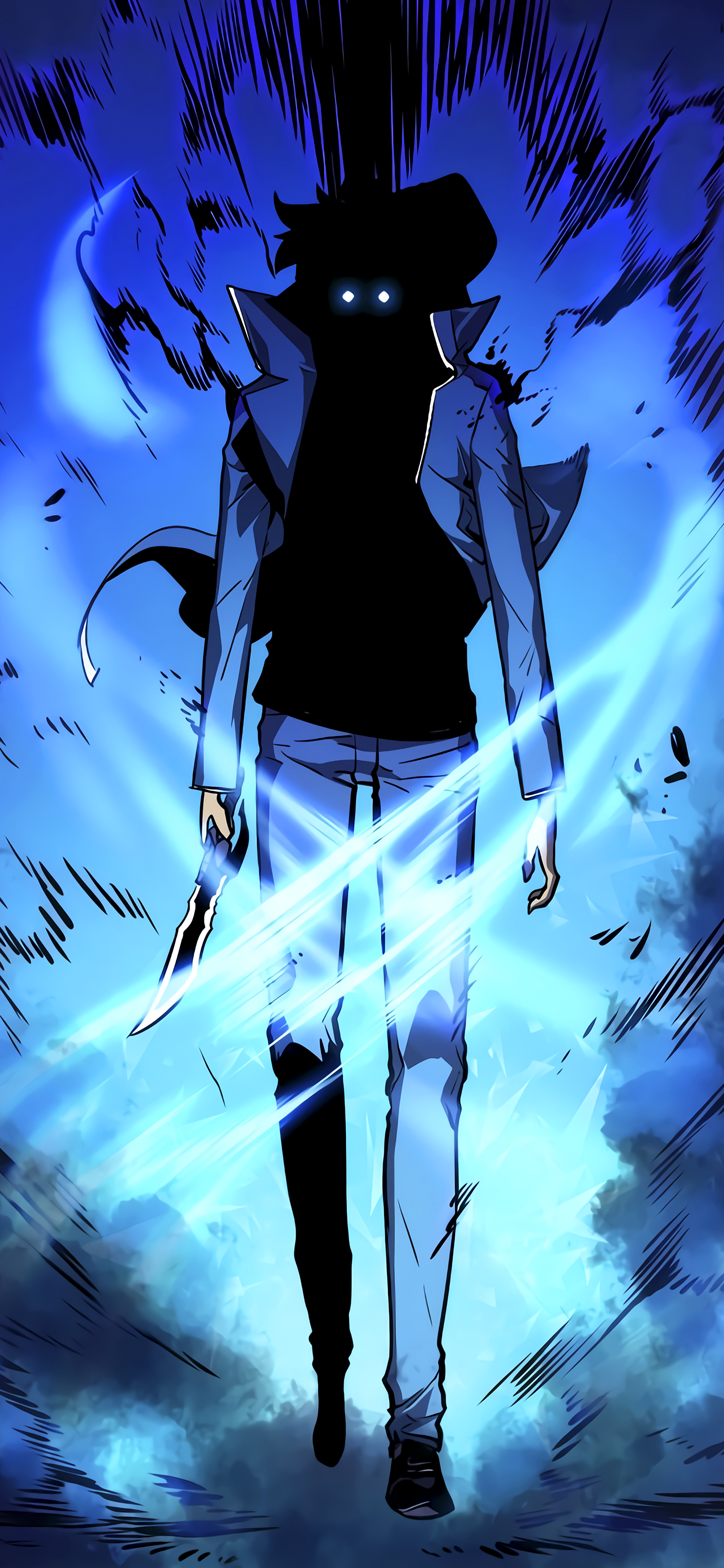 Phone wallpaper featuring Sung Jin-Woo from the anime Solo Leveling, depicted with glowing blue eyes and dynamic blue energy effects on a dark background.