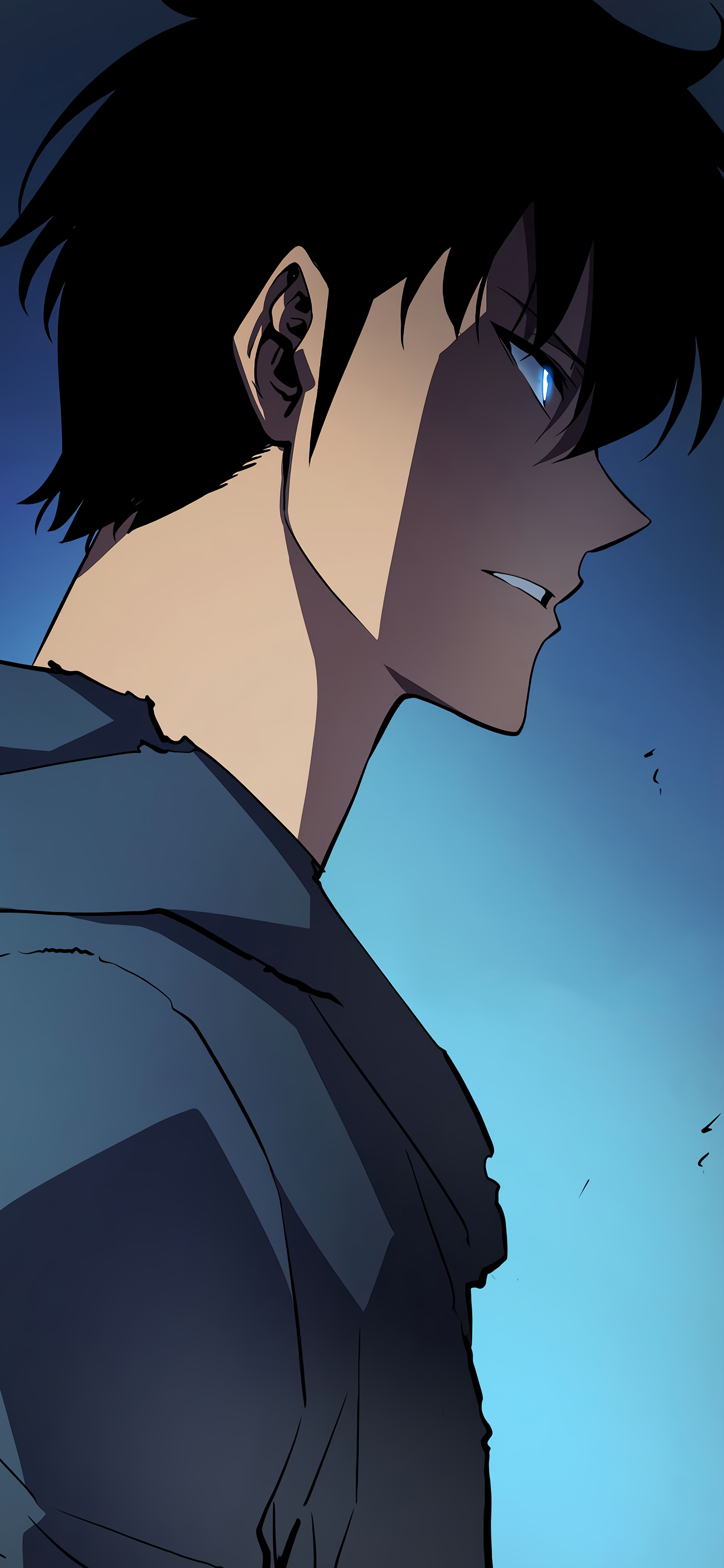 Phone wallpaper of Sung Jin-Woo from Solo Leveling, featuring a close-up anime profile with glowing blue eyes against a dark blue background, compatible with iPhones and Android devices.