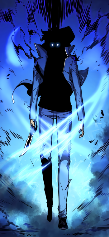 Phone wallpaper featuring Sung Jin-Woo from the anime Solo Leveling, depicted with glowing blue eyes and dynamic blue energy effects on a dark background.