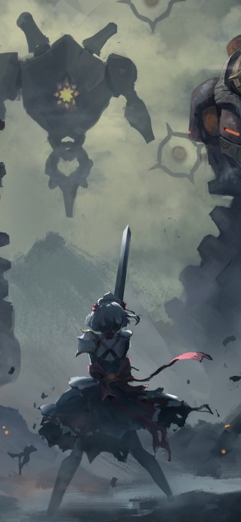Phone wallpaper of Noelle from the Genshin Impact video game: armored maid raises her sword against towering, mech-like foes in a misty, war-torn landscape.
