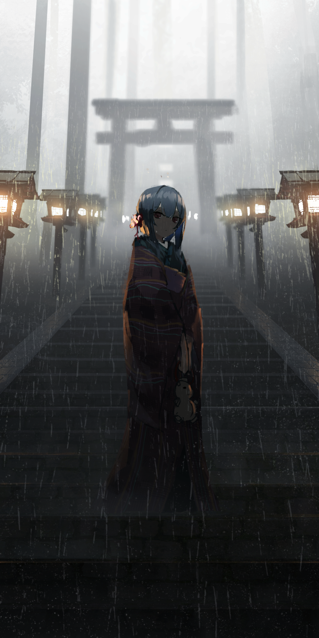 Download Fog Stairs Torii Rain Anime The IDOLM@STER: Shiny Colors Rain Anime Phone Wallpaper