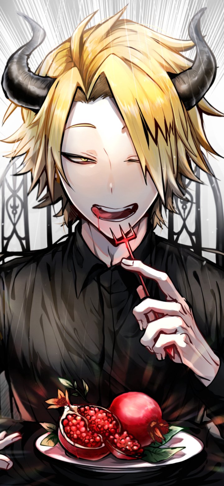 Phone wallpaper of Denki Kaminari (My Hero Academia) in anime style: horned, mischievous grin, red-stained lips, holding a fork over a pomegranate, gothic ornate background.