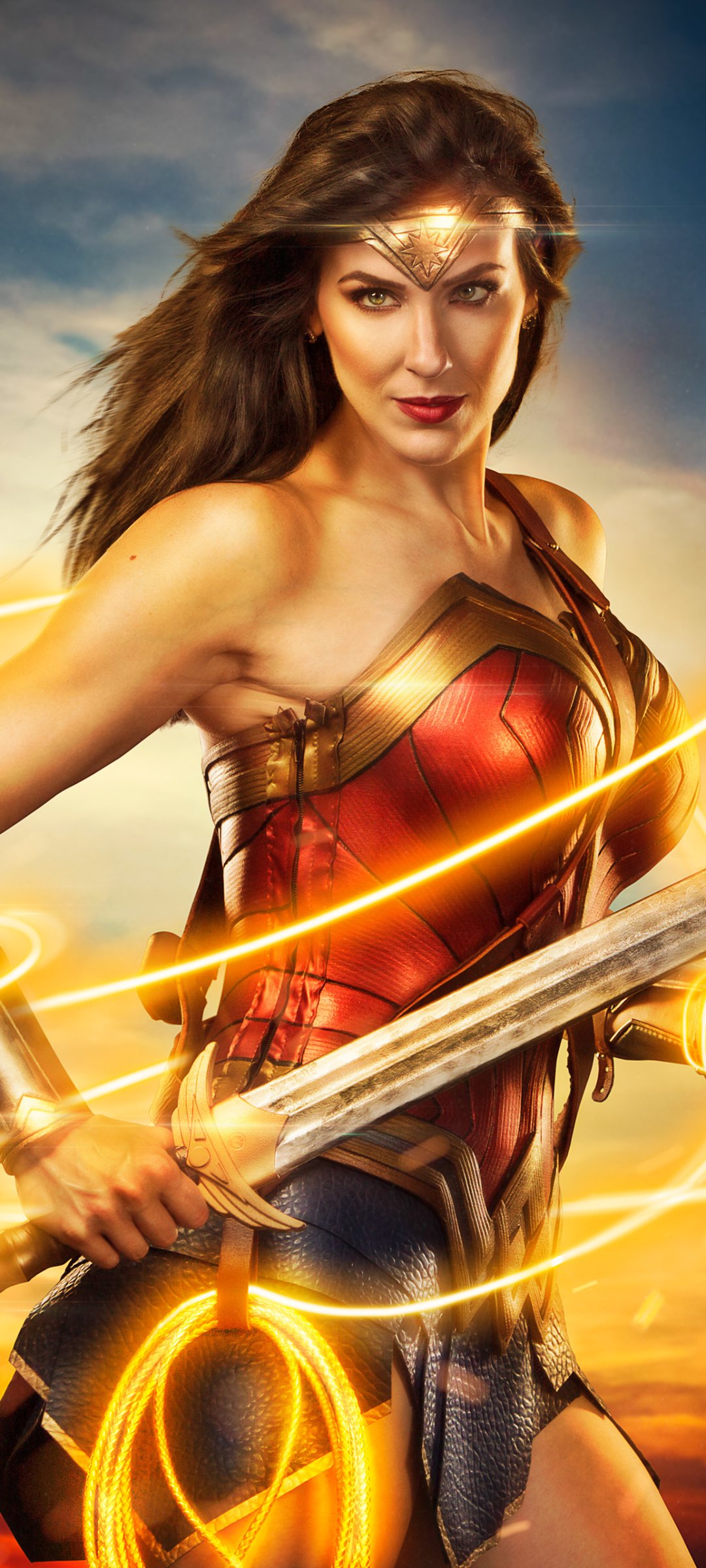 Download DC Comics Brunette Lipstick Sword Wonder Woman Woman Cosplay Phone Wallpaper