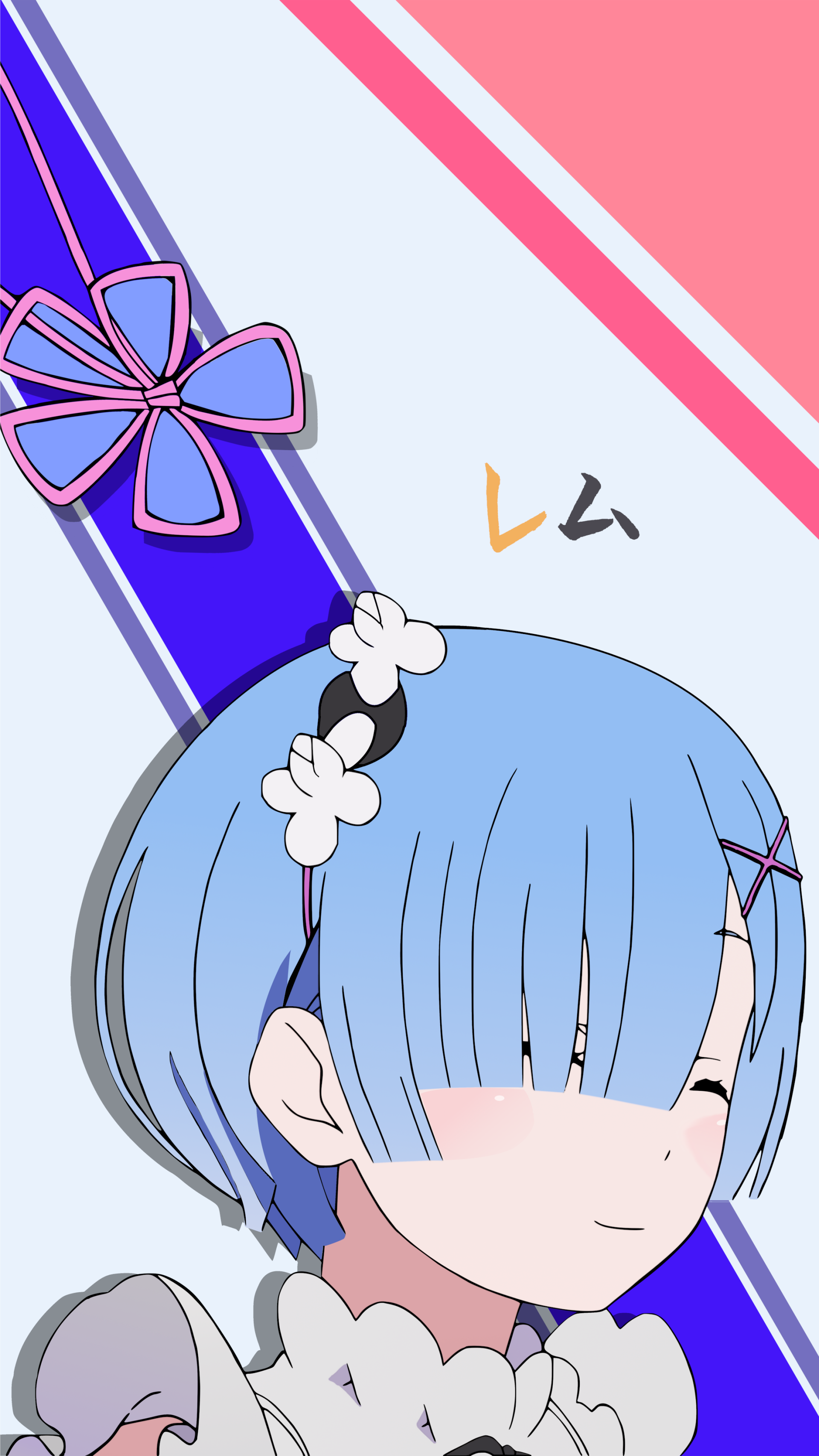 Cute anime phone wallpaper of Rem (Re:ZERO) with blue hair, black eyes, floral headpiece and a shy smile against diagonal pink and purple stripes.