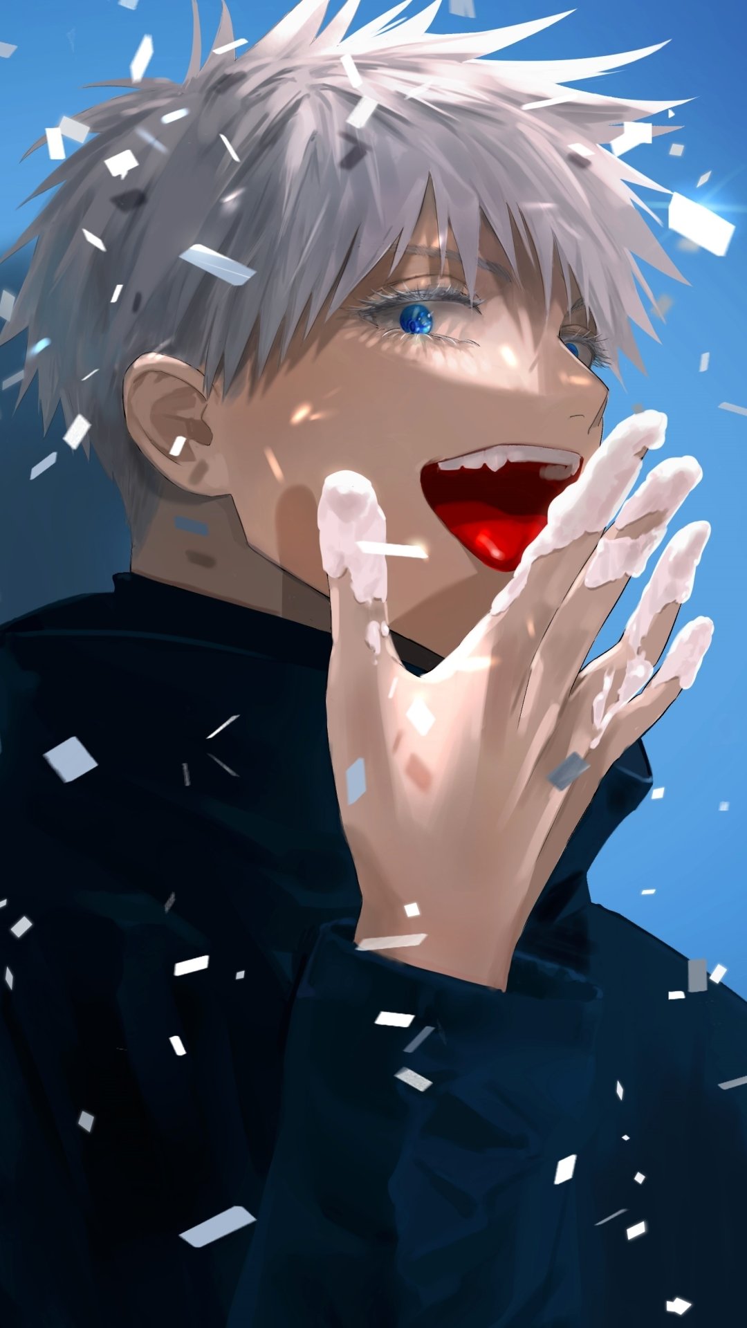 Phone wallpaper of Satoru Gojo from Jujutsu Kaisen: anime portrait smiling with one vivid blue eye exposed, hand at his mouth, white confetti falling against a bright blue sky.
