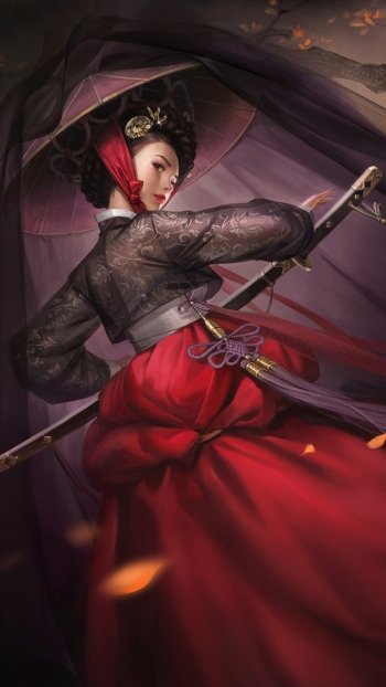 oriental katana sword asian conical hat woman warrior fantasy Phone Wallpaper