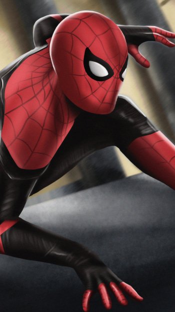 Phone wallpaper of Spider-Man in the red-and-black suit from the movie Spider-Man: Far From Home, crouched and ready to leap.