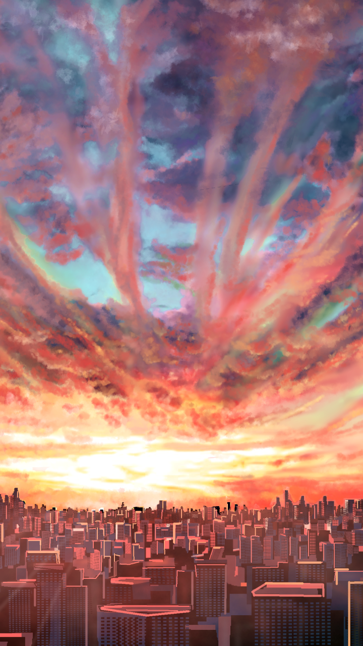 Download Sky Cloud Sunset Cityscape Anime City Phone Wallpaper by へびたん ...