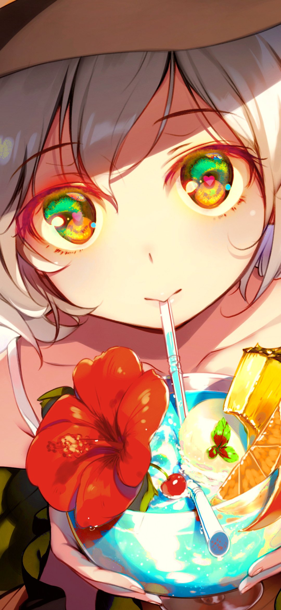Phone wallpaper of Touhou character Koishi Komeiji — close-up of her face with glowing multicolored eyes, sipping a tropical cocktail garnished with hibiscus and citrus.