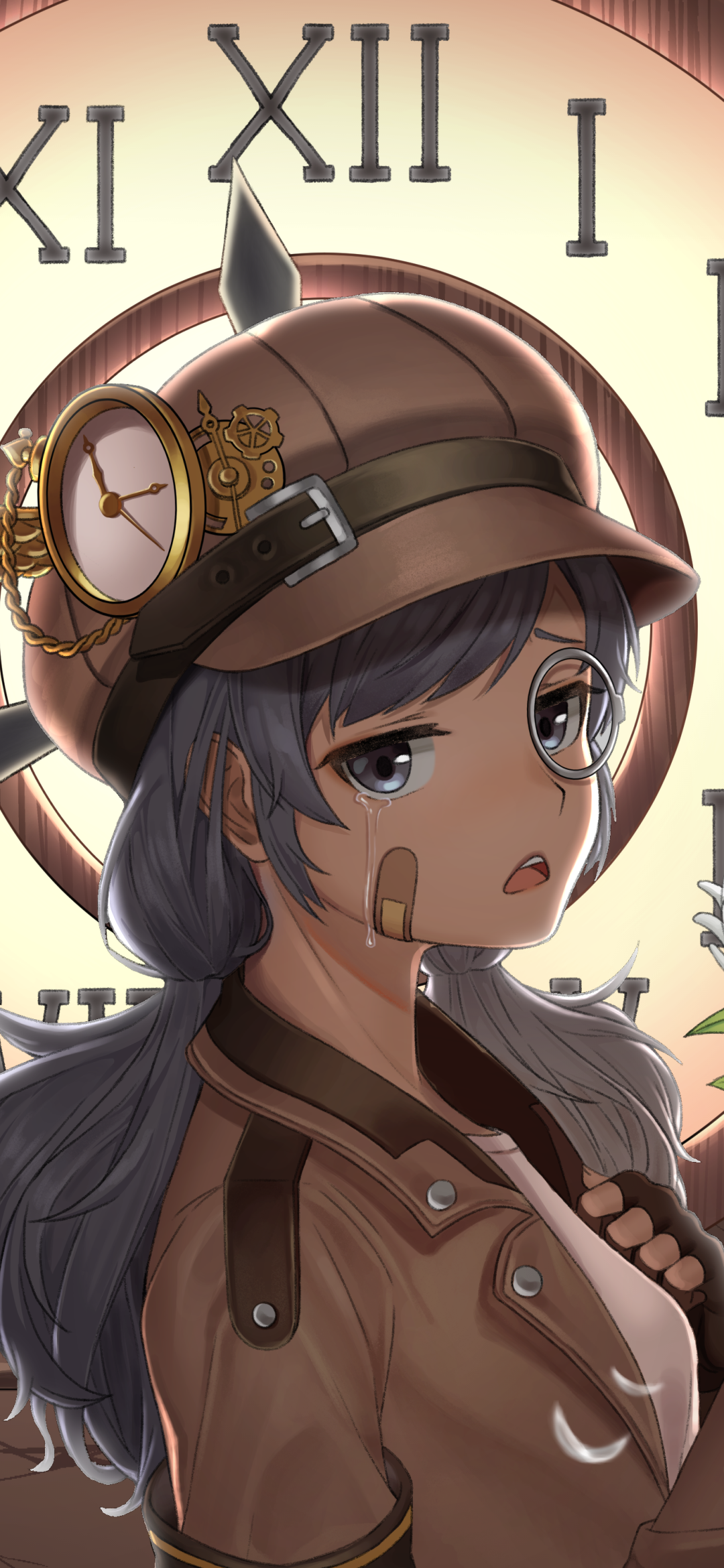 Anime original phone wallpaper: pensive gray‑haired girl in steampunk helmet with pocket watch, bandage on her cheek, leather coat, framed by an oversized clock face with Roman numerals.