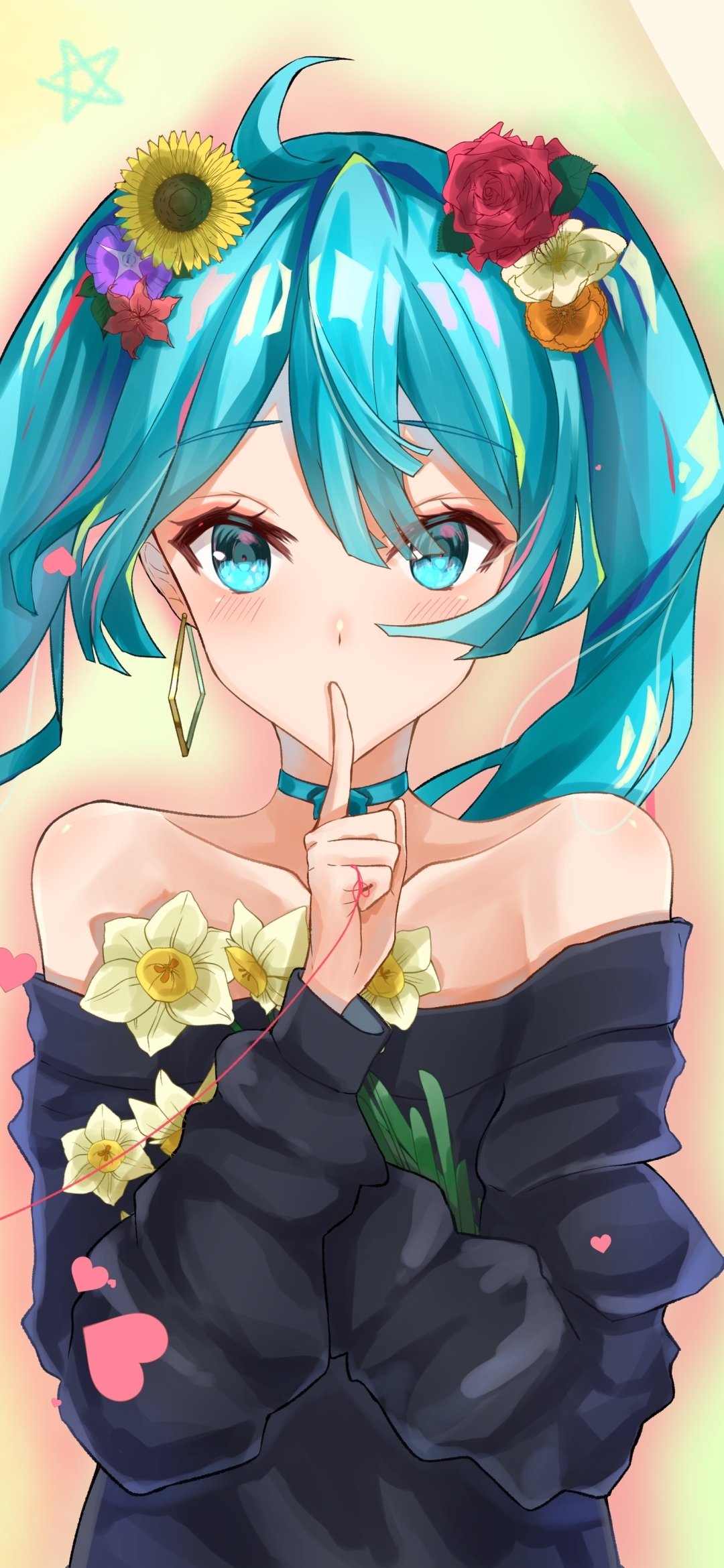 Vibrant phone wallpaper featuring Hatsune Miku from Vocaloid with blue twin tails, floral accents, and a soft pastel background, designed for iPhone and Android displays.