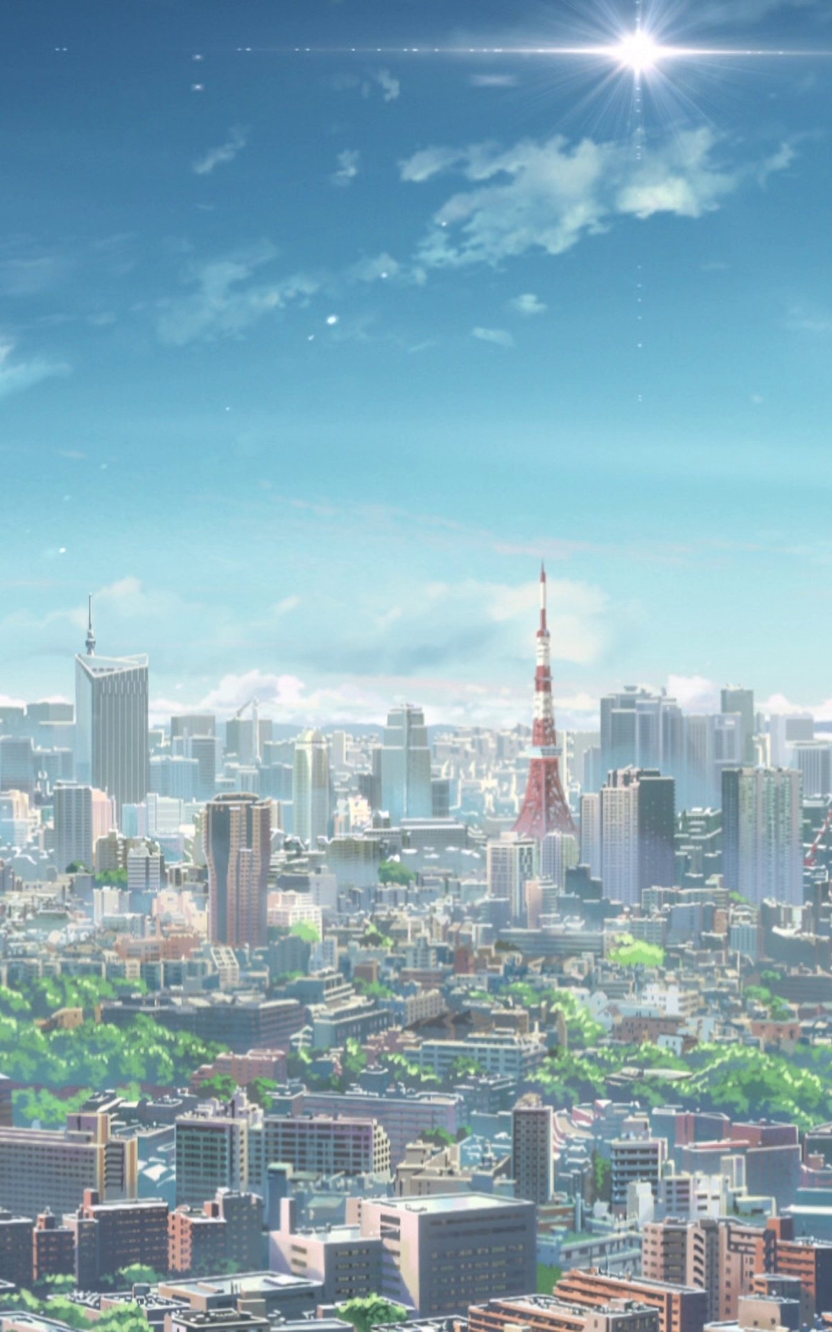Anime phone wallpaper: Tokyo skyline with Tokyo Tower under a bright sun and vivid anime sky, rendered in the style of the film Your Name.