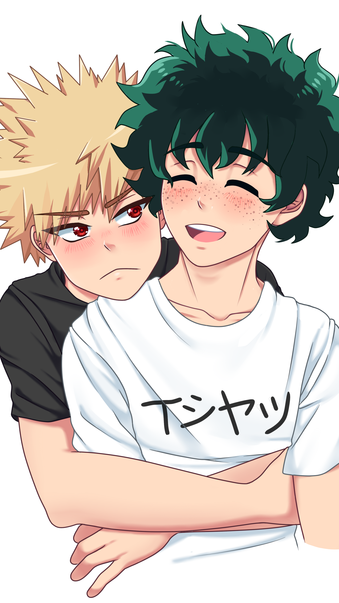 Phone wallpaper of My Hero Academia anime featuring Katsuki Bakugou and Izuku Midoriya — Izuku grinning as Bakugou scowls while wrapping his arms around him.