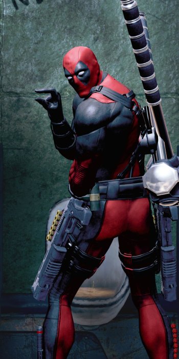 Phone wallpaper of video game Deadpool in a red-and-black suit, looking over his shoulder and winking while pointing, heavy guns strapped to his back against a grungy wall.