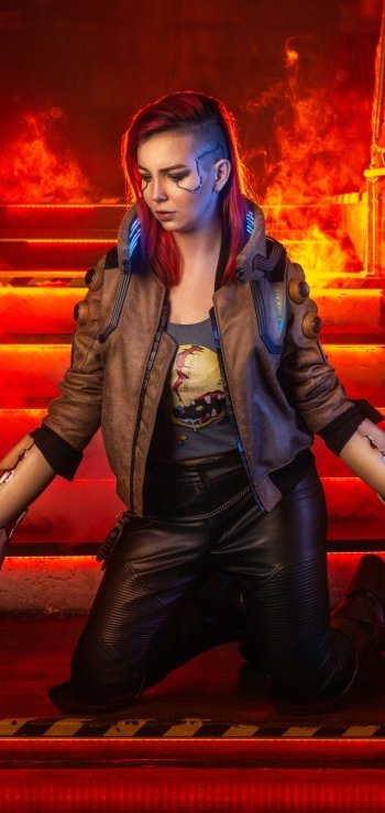 cyberpunk red hair Cyberpunk 2077 woman cosplay Phone Wallpaper
