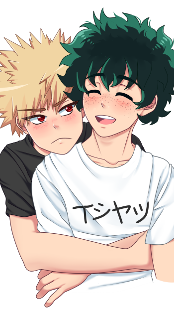 Phone wallpaper of My Hero Academia anime featuring Katsuki Bakugou and Izuku Midoriya — Izuku grinning as Bakugou scowls while wrapping his arms around him.