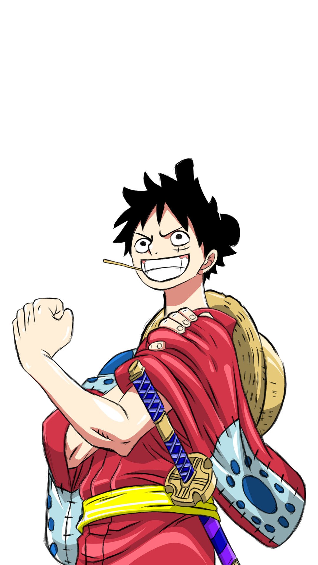 Phone wallpaper of Monkey D. Luffy from the One Piece anime, grinning with a straw in his mouth, straw hat on his back, red outfit and raised fist.