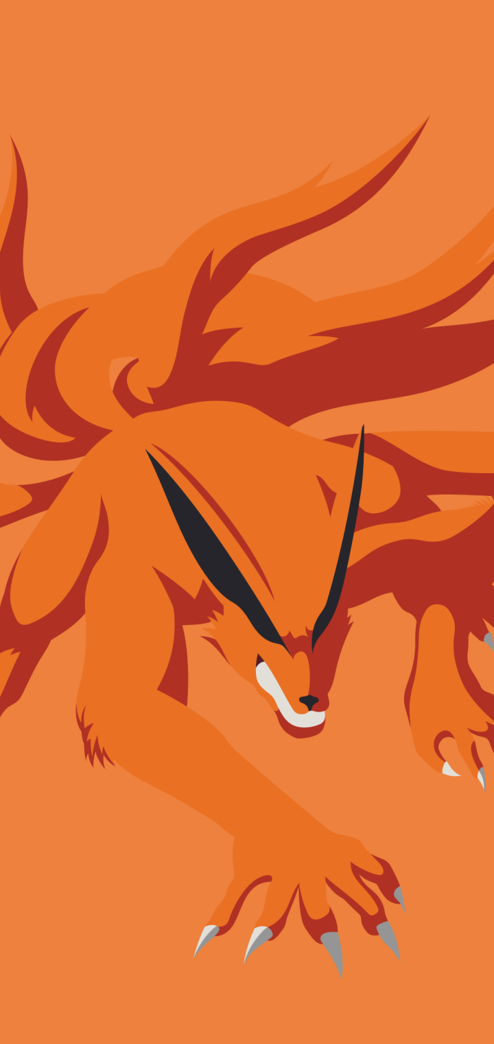 Phone wallpaper featuring Kurama (Naruto): stylized anime depiction of the nine‑tailed fox leaping across a bold orange background.