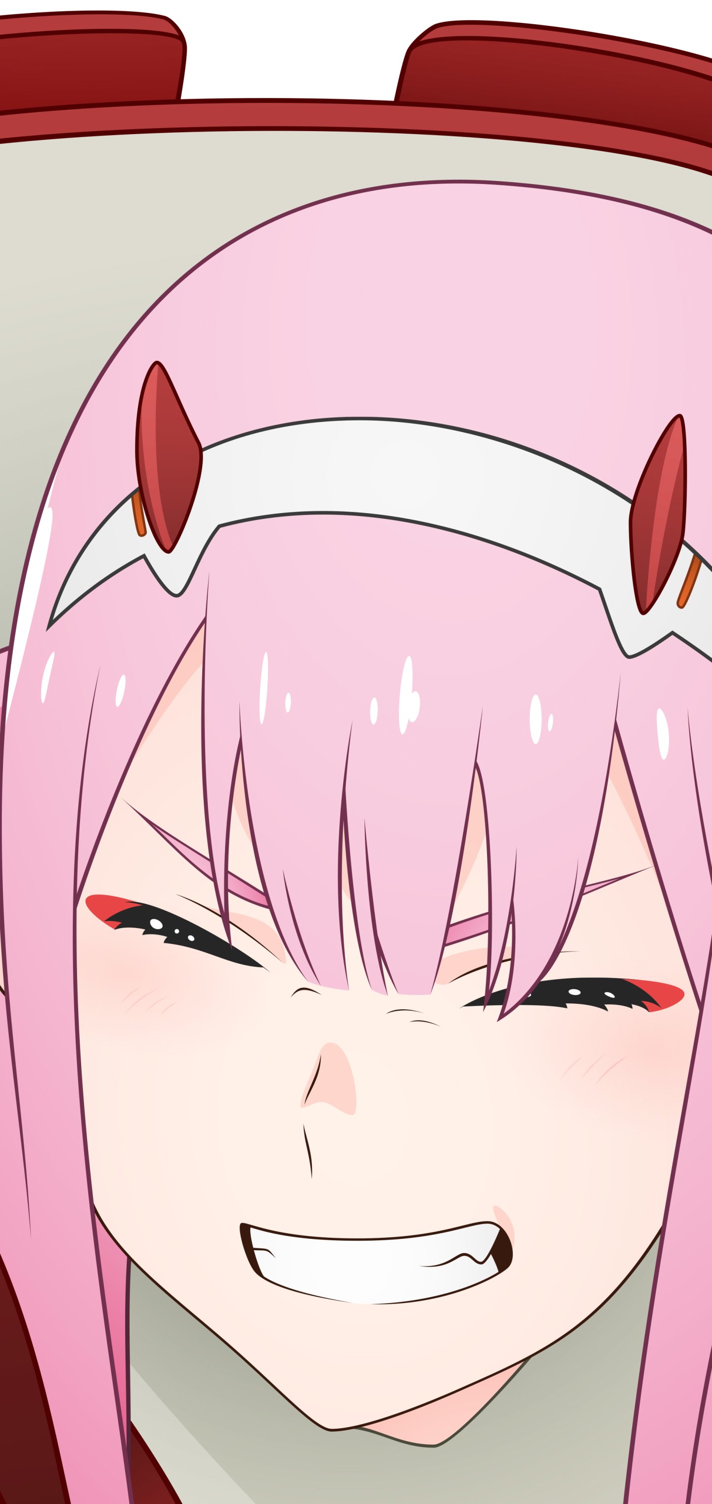 Phone wallpaper close-up of Zero Two (Darling in the FranXX), anime portrait with pink hair, red horned headband, squinting grin and rosy cheeks.
