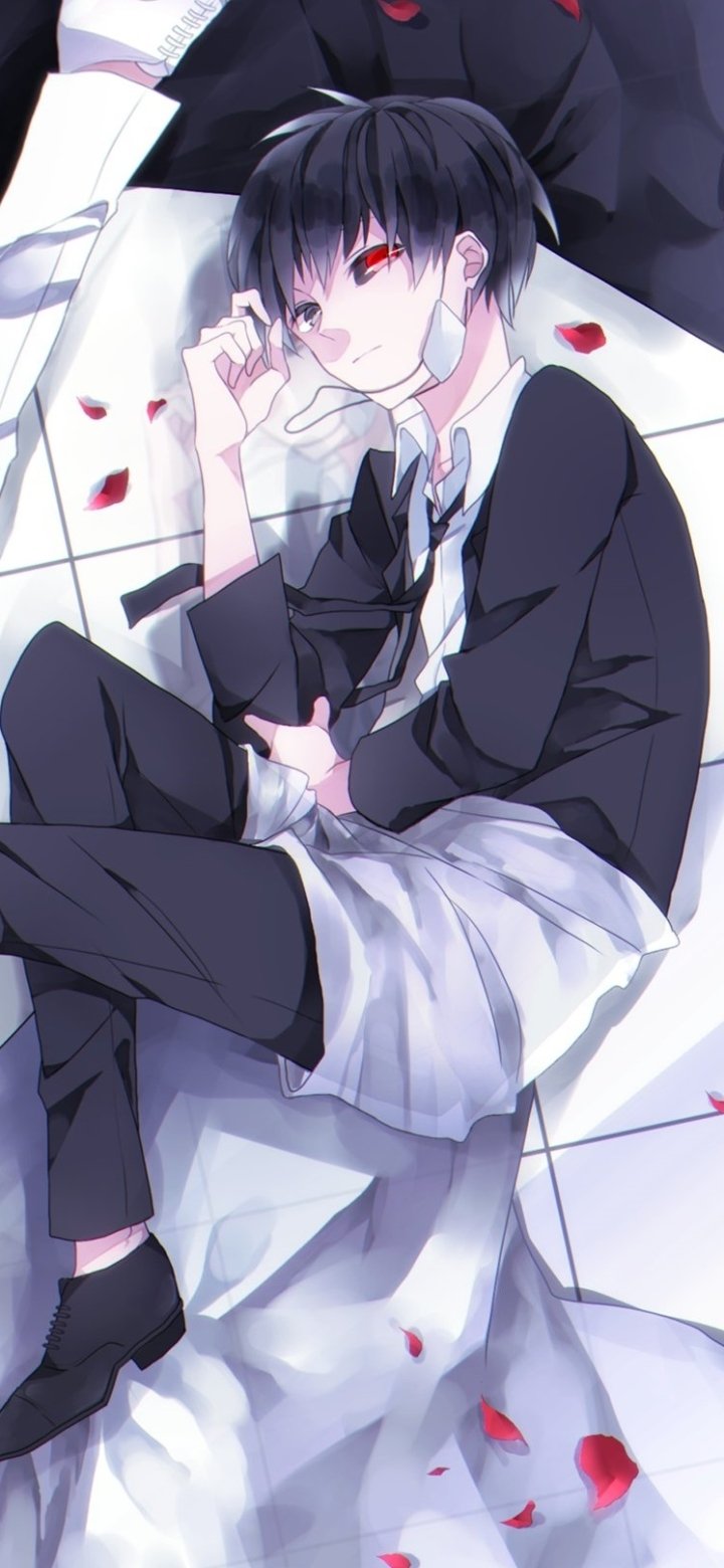 Ken Kaneki from Tokyo Ghoul reclining with red eyes and black hair, surrounded by scattered red petals, designed as an anime phone wallpaper for iPhone and Android.