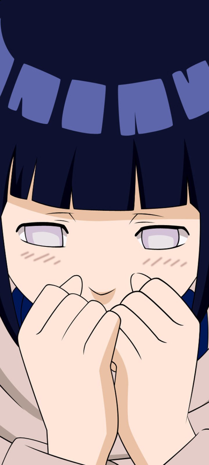 Phone wallpaper of anime character Hinata Hyuga from Naruto — close-up of her blushing, shy smile with hands near her face and pale lavender Byakugan eyes.
