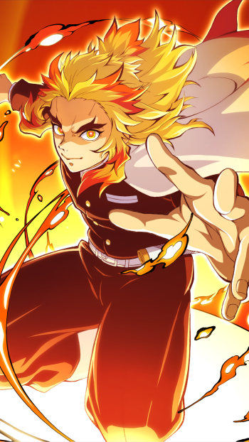 Phone wallpaper of Kyojuro Rengoku from Demon Slayer: Kimetsu no Yaiba — the Flame Hashira lunges forward with fiery hair and a blazing aura trailing behind him.