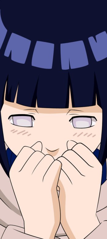 Phone wallpaper of anime character Hinata Hyuga from Naruto — close-up of her blushing, shy smile with hands near her face and pale lavender Byakugan eyes.