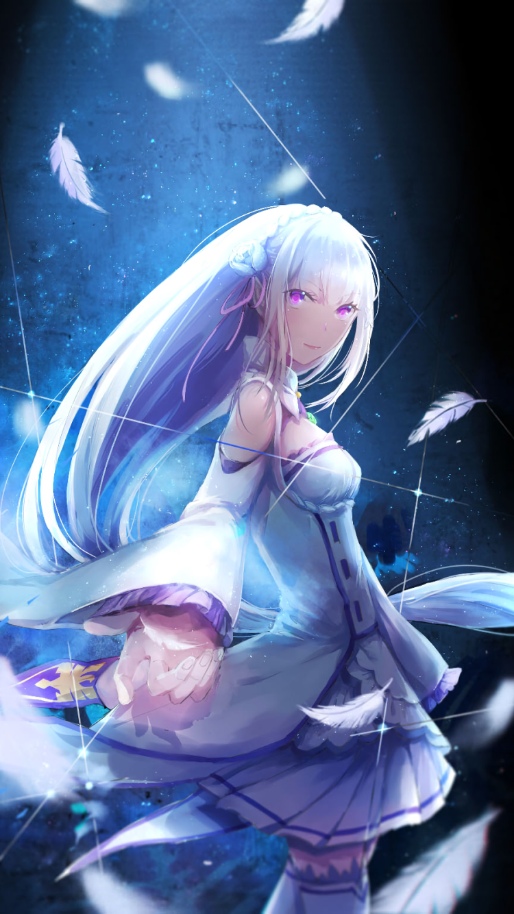 Phone wallpaper of Emilia from Re:Zero — ethereal anime portrait from Re:Zero - Starting Life in Another World: long silver hair, purple eyes, white dress, floating feathers and blue starry glow.