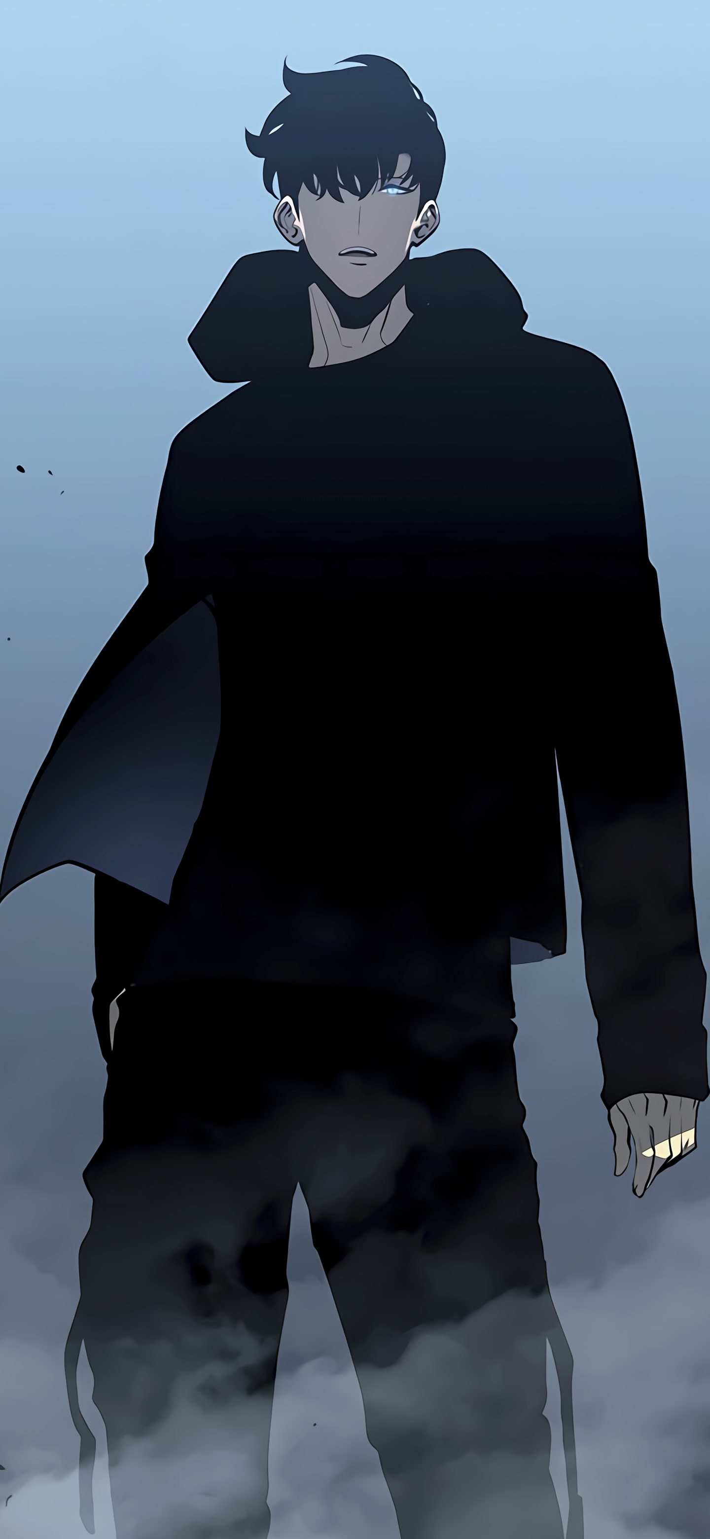 Phone wallpaper featuring Sung Jin-Woo from the anime Solo Leveling, depicted in a dark cloak with a misty background, compatible with iPhone and Android screens.