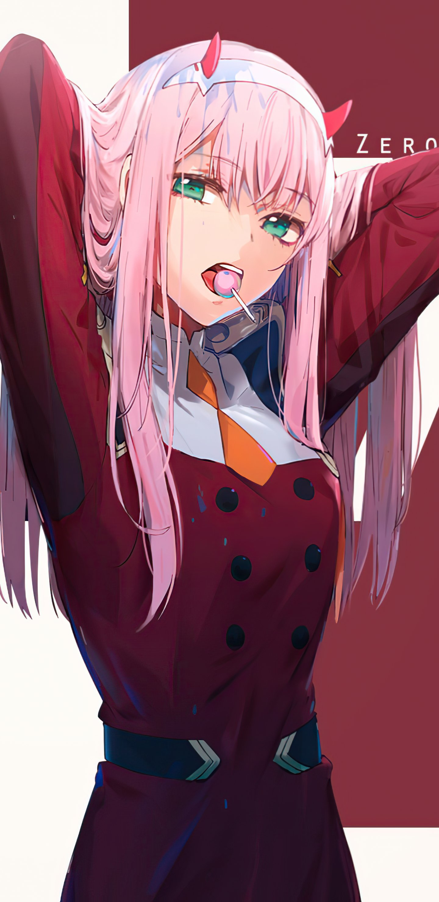 Phone wallpaper of Zero Two (Darling in the FranXX): pink-haired pilot in a red uniform with small horns, teal eyes, lollipop in mouth, arms raised and a confident expression.