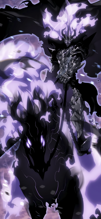 Phone wallpaper of Ashborn (Solo Leveling), a shadowy armored figure wreathed in purple flames riding a spectral black steed — dark anime Solo Leveling artwork.
