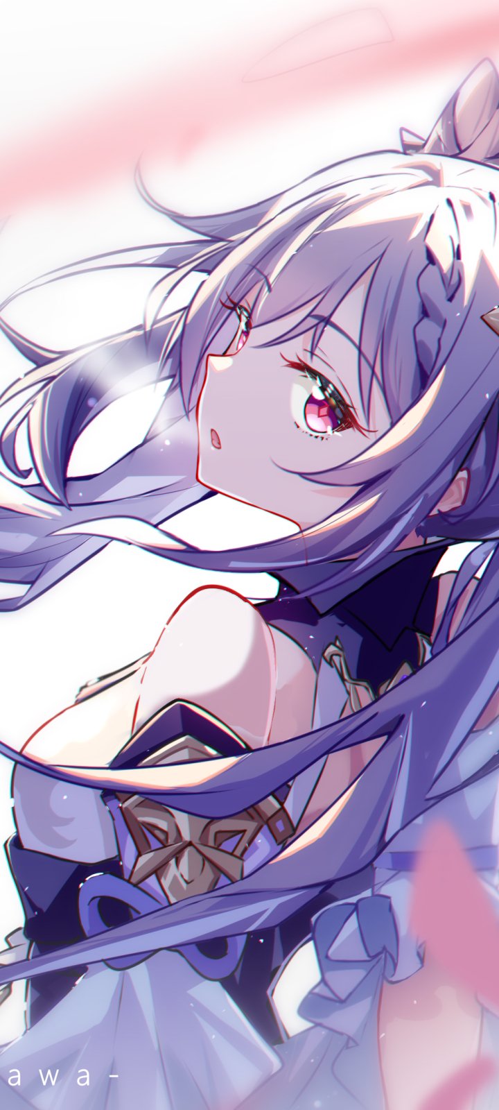 Phone wallpaper of Keqing from the video game Genshin Impact: long purple hair flowing, red eyes, electro-themed outfit, soft pink accents and a serene side profile.