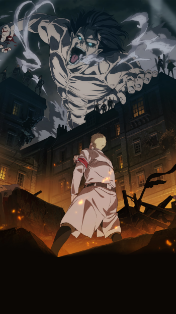 Attack on Titan anime phone wallpaper: colossal Titan roars over a lone soldier amid burning city ruins — vertical layout for iPhone and Android.